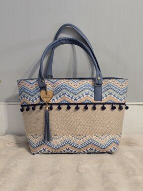 Mexican Artisanal Blue Patterned Pom-Pom Straw Tote Bag